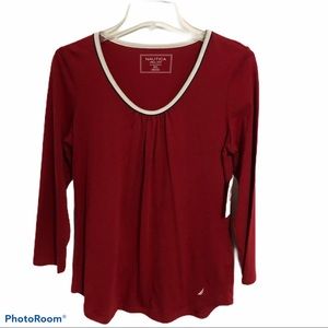 Nautica Pleated Front 3/4 Sleeve Sleep Lounge Pajama Shirt Red Size Small